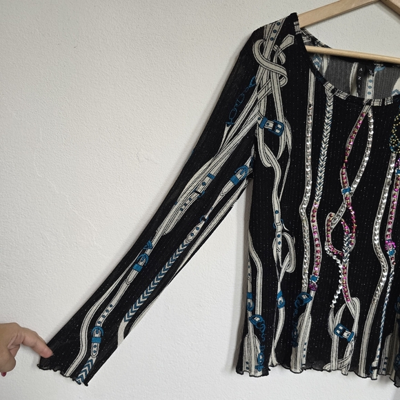AZI Jeans Sheer Mesh Belt Print Beaded Y2K Top Size M - Picture 4 of 16